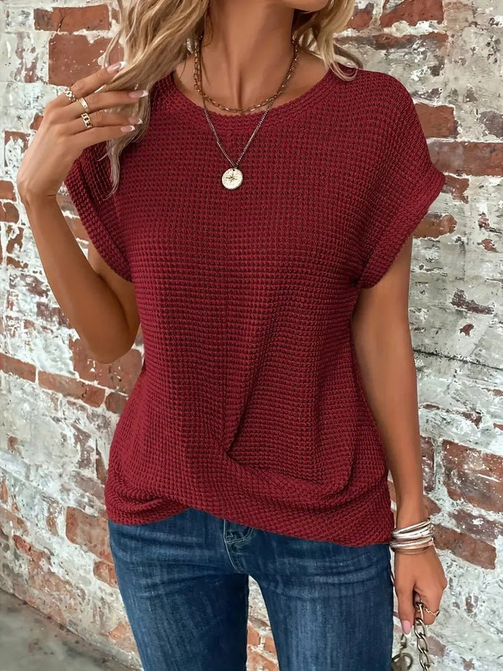 Damen Baumwoll-Mix Waffel-Strick Kurzarm Top - Burgundy