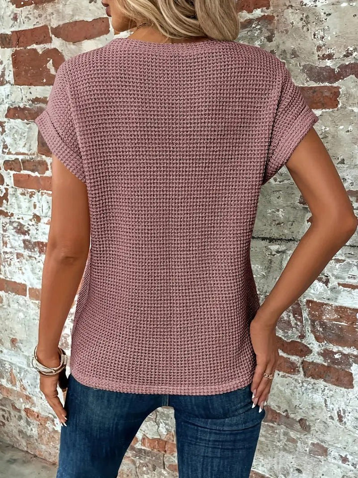 Damen Baumwoll-Mix Waffel-Strick Kurzarm Top