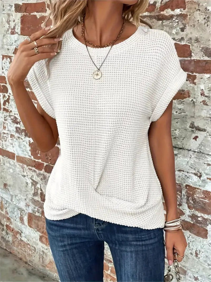 Damen Baumwoll-Mix Waffel-Strick Kurzarm Top - White