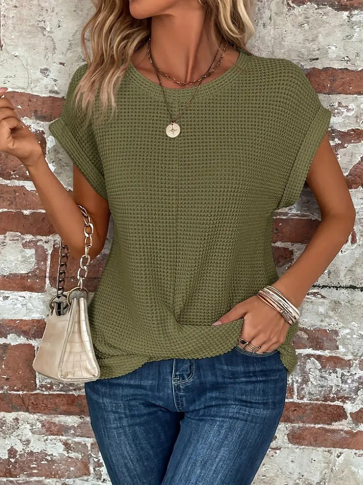 Damen Baumwoll-Mix Waffel-Strick Kurzarm Top - Olive Green