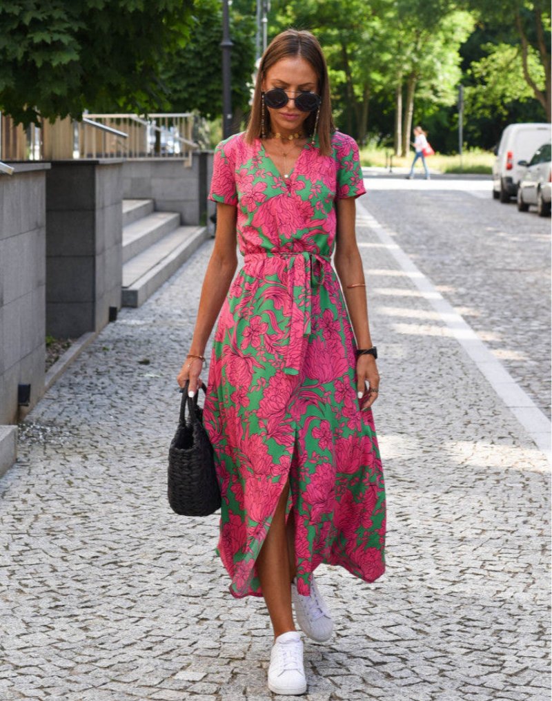 Damen Baumwoll-Wickelkleid mit Blumendruck V-Ausschnitt Midi - Dark Pink