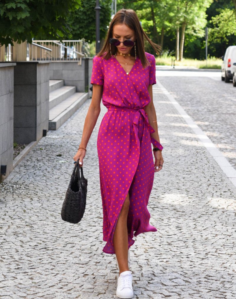 Damen Baumwoll-Wickelkleid mit Blumendruck V-Ausschnitt Midi - Fuschia