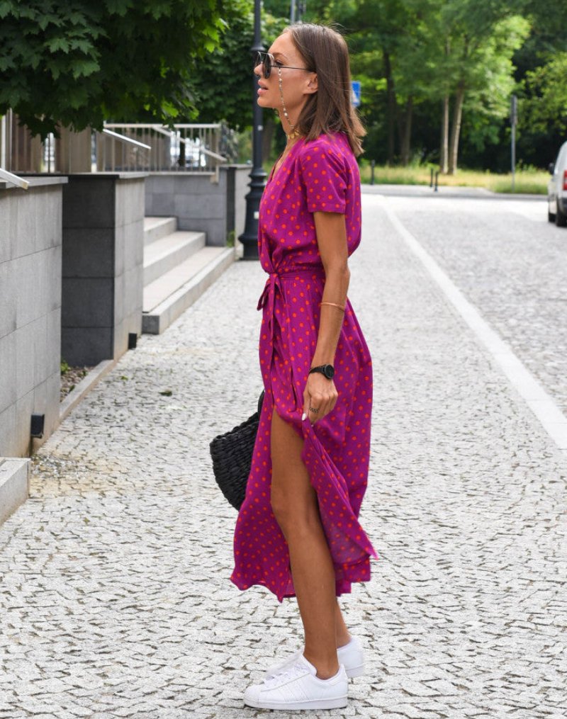 Damen Baumwoll-Wickelkleid mit Blumendruck V-Ausschnitt Midi