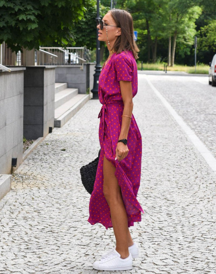 Damen Baumwoll-Wickelkleid mit Blumendruck V-Ausschnitt Midi