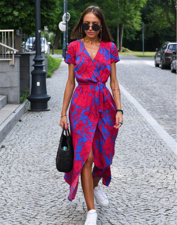 Damen Baumwoll-Wickelkleid mit Blumendruck V-Ausschnitt Midi - Red