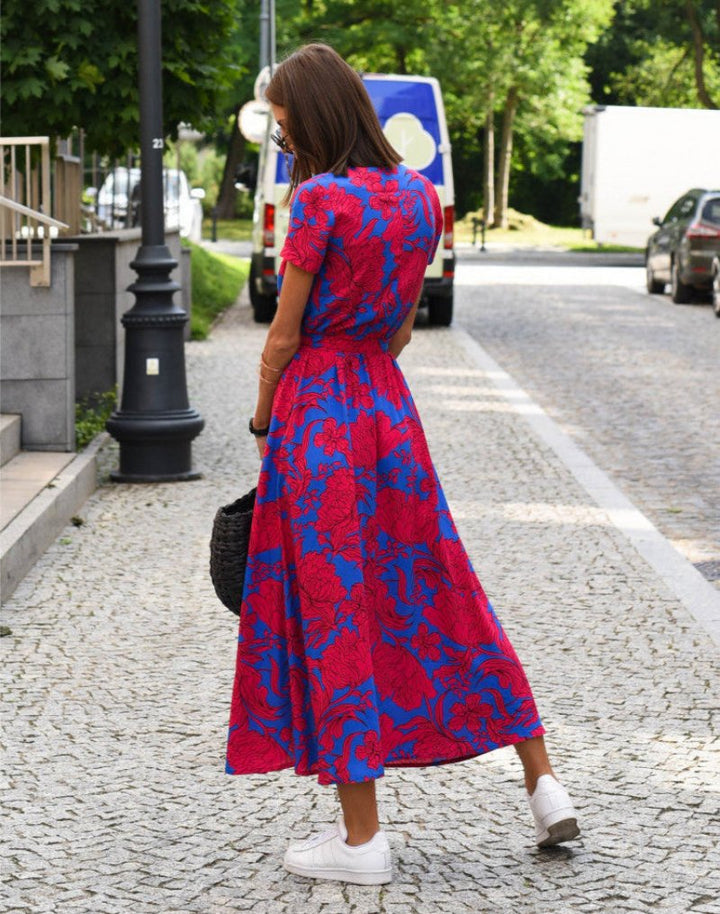 Damen Baumwoll-Wickelkleid mit Blumendruck V-Ausschnitt Midi