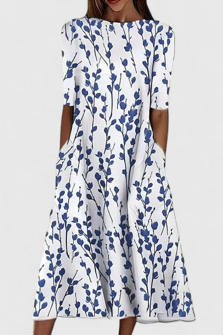 Damen Baumwolle A-Linie Blumen Rundhals Midi-Kleid - White