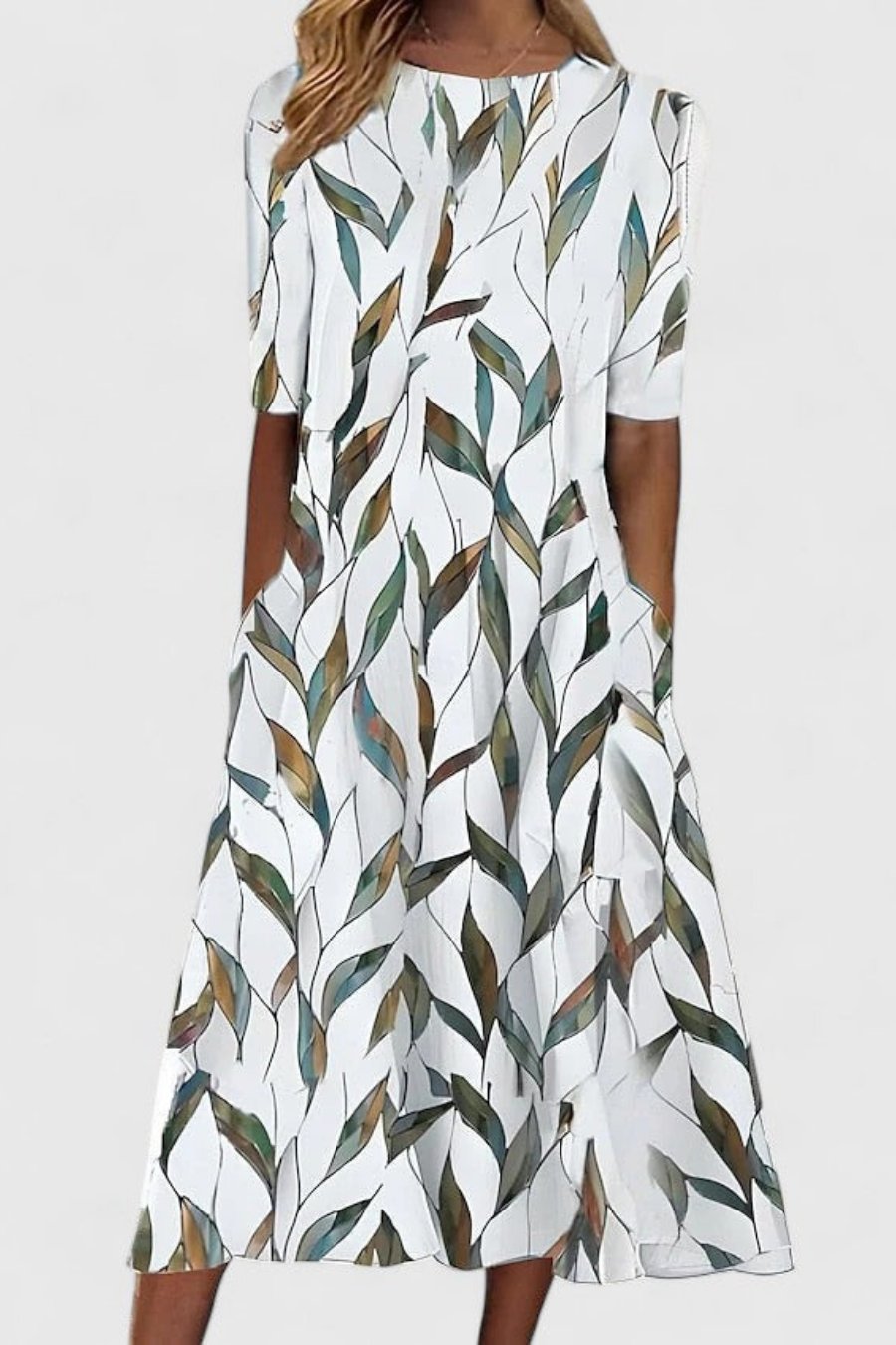 Damen Baumwolle A-Linie Blumen Rundhals Midi-Kleid - White 2