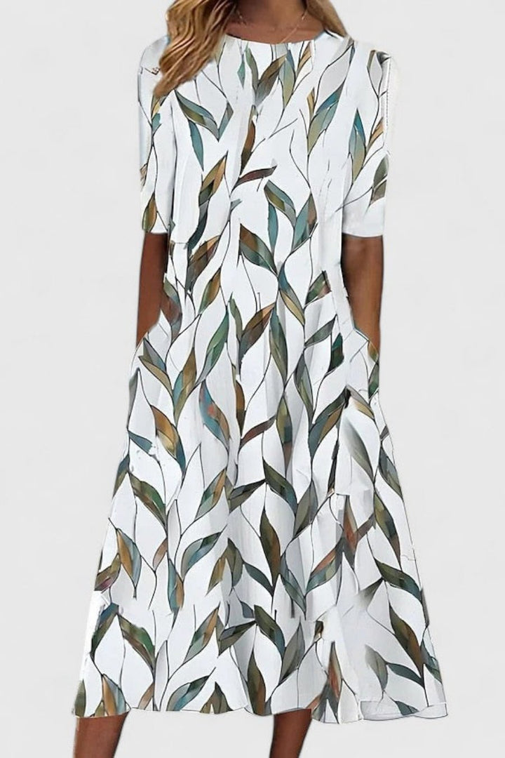 Damen Baumwolle A-Linie Blumen Rundhals Midi-Kleid - White 2