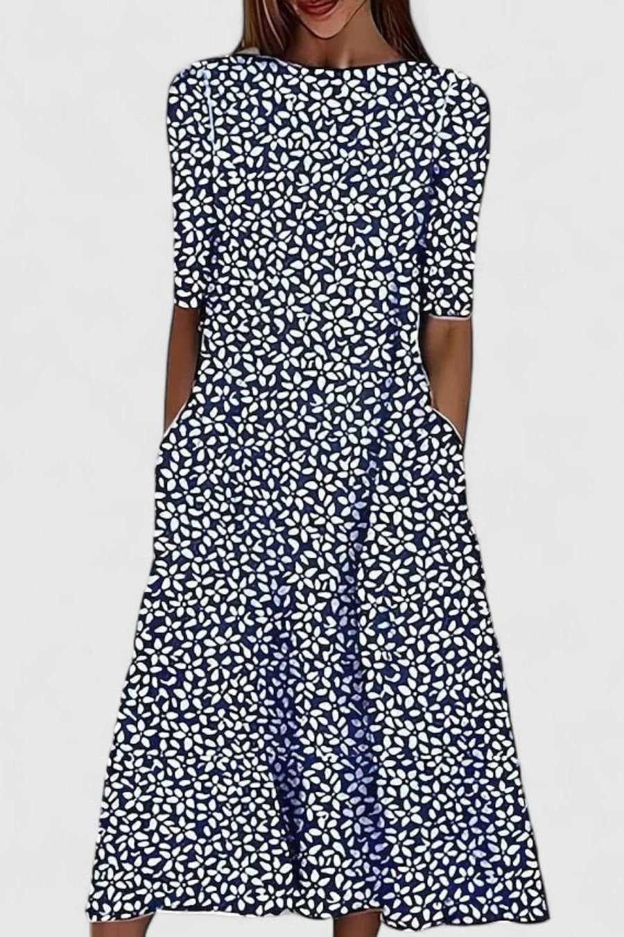 Damen Baumwolle A-Linie Blumen Rundhals Midi-Kleid - Dark Blue