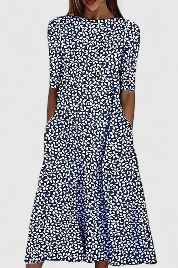 Damen Baumwolle A-Linie Blumen Rundhals Midi-Kleid - Dark Blue