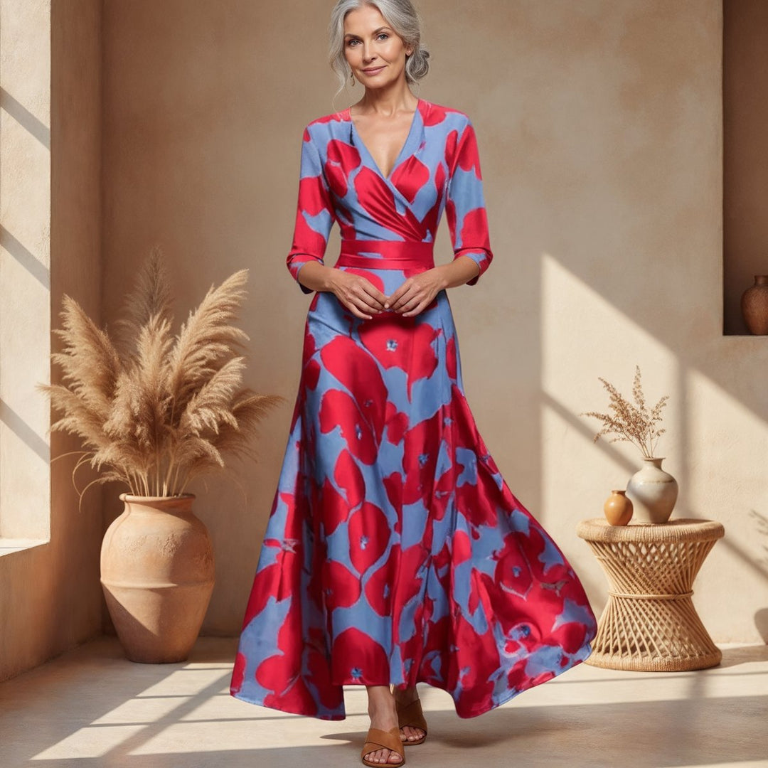 Damen Bedrucktes 3/4-Arm Long Sleeve Dress Wickelkleid Figurbetont