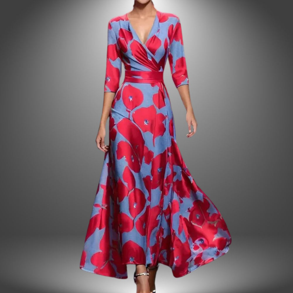 Damen Bedrucktes 3/4-Arm Long Sleeve Dress Wickelkleid Figurbetont - Rot (Fast ausverkauft)