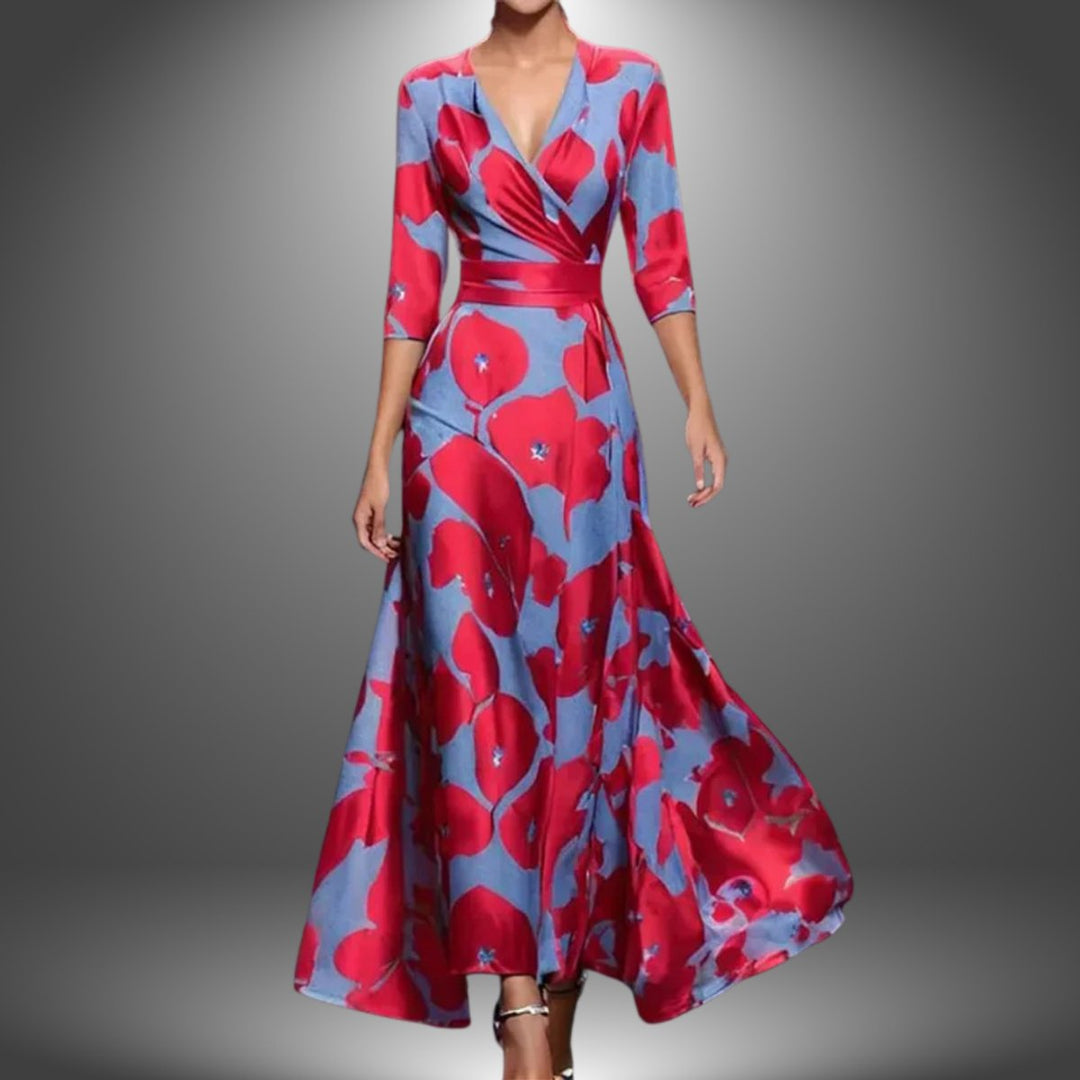 Damen Bedrucktes 3/4-Arm Long Sleeve Dress Wickelkleid Figurbetont - Rot (Fast ausverkauft)