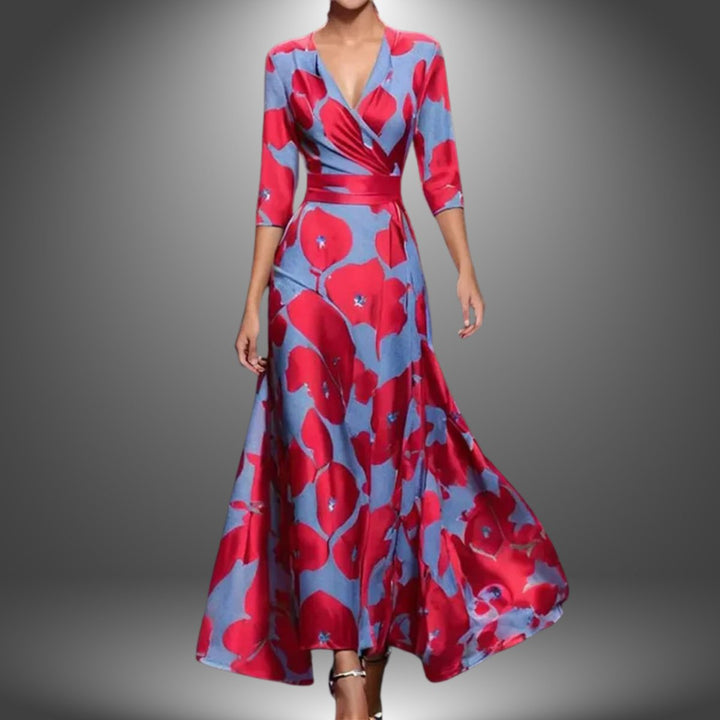 Damen Bedrucktes 3/4-Arm Long Sleeve Dress Wickelkleid Figurbetont - Rot (Fast ausverkauft)