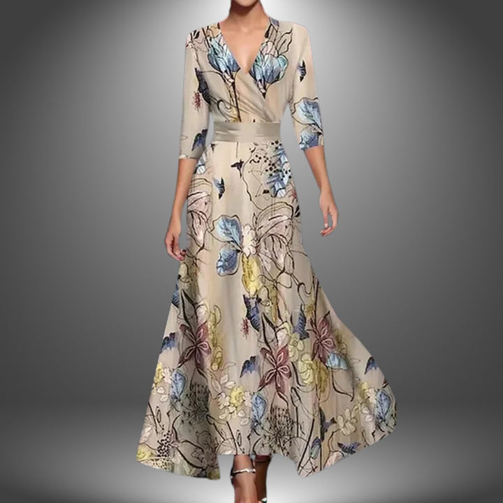 Damen Bedrucktes 3/4-Arm Long Sleeve Dress Wickelkleid Figurbetont - Champagner