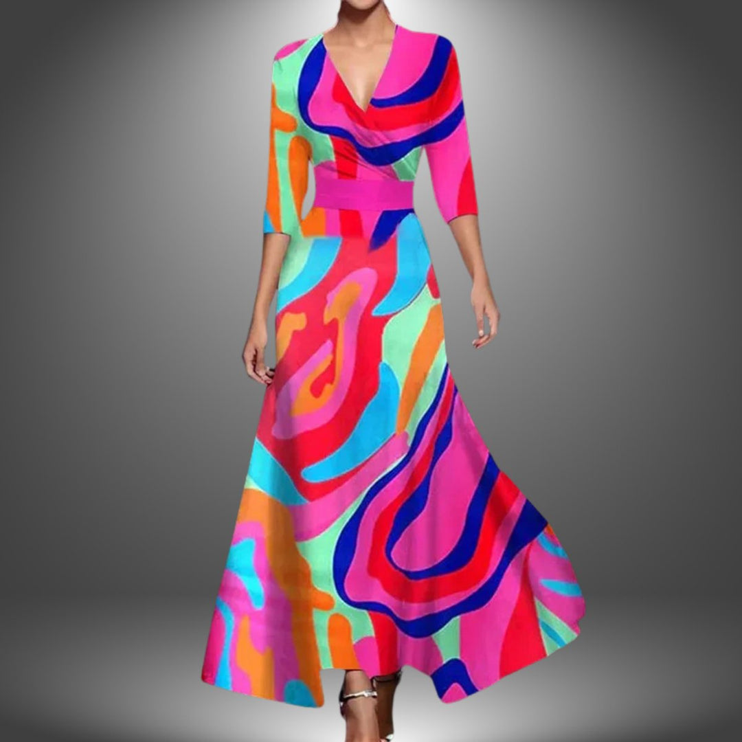 Damen Bedrucktes 3/4-Arm Long Sleeve Dress Wickelkleid Figurbetont - Mehrfarbig