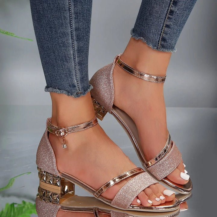 Damen Bequeme Sandalen Blockabsatz Knöchelriemchen Glitzer