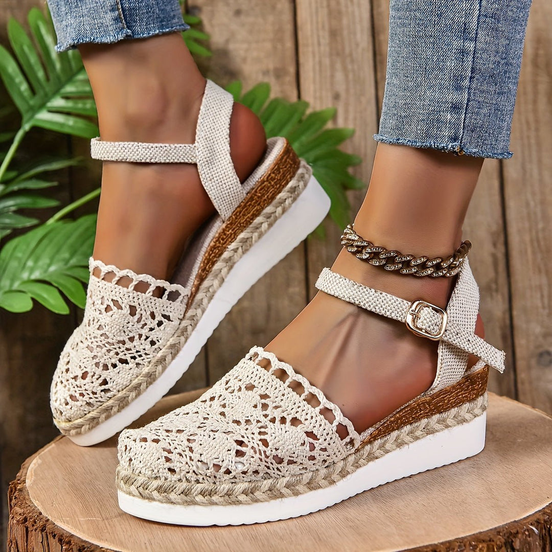 Damen Bequeme Sandalen Häkeloptik Keilabsatz Knöchelriemen