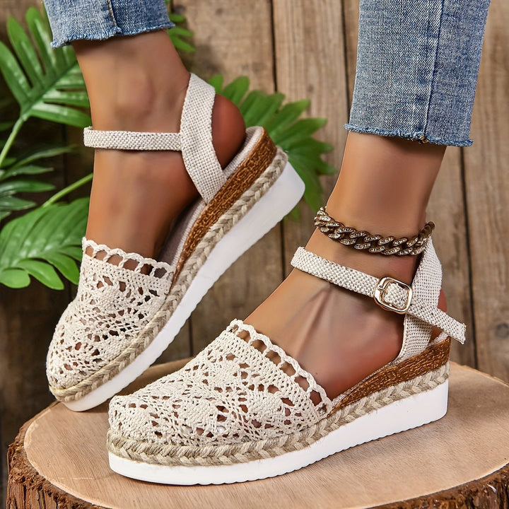 Damen Bequeme Sandalen Häkeloptik Keilabsatz Knöchelriemen