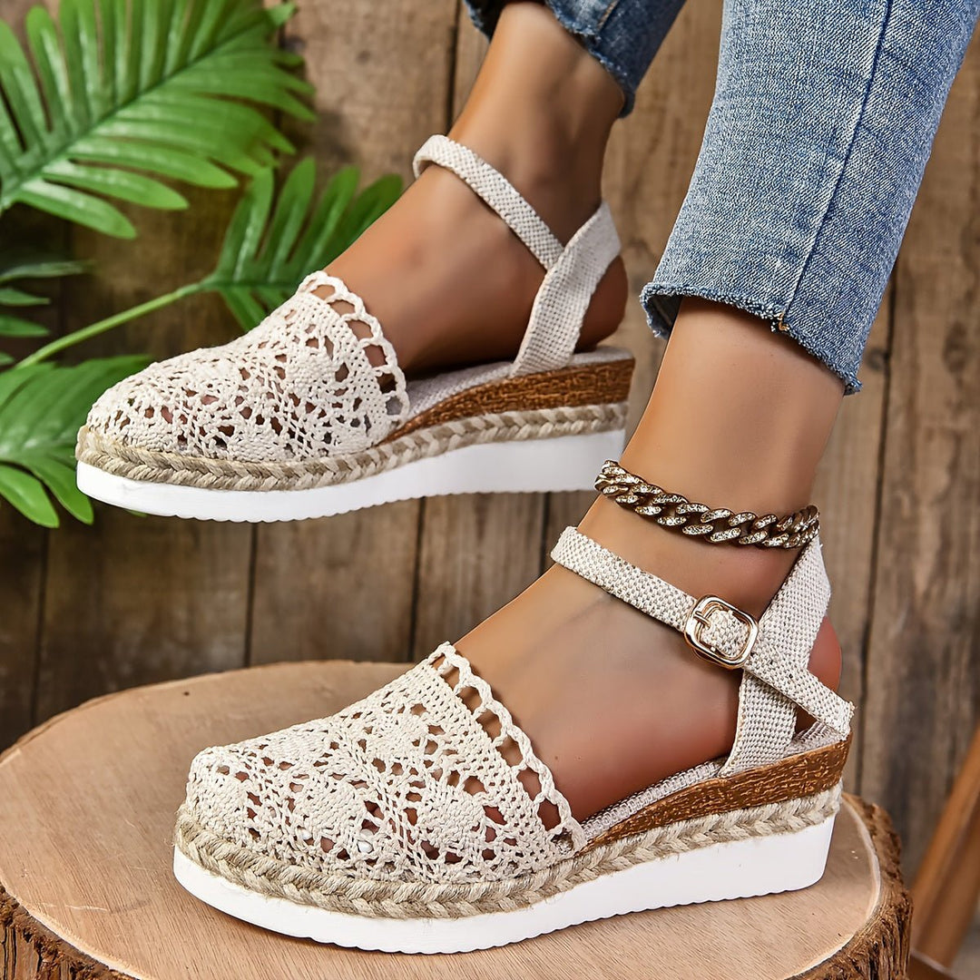 Damen Bequeme Sandalen Häkeloptik Keilabsatz Knöchelriemen