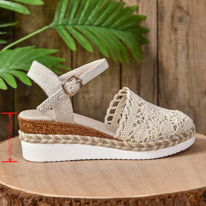 Damen Bequeme Sandalen Häkeloptik Keilabsatz Knöchelriemen