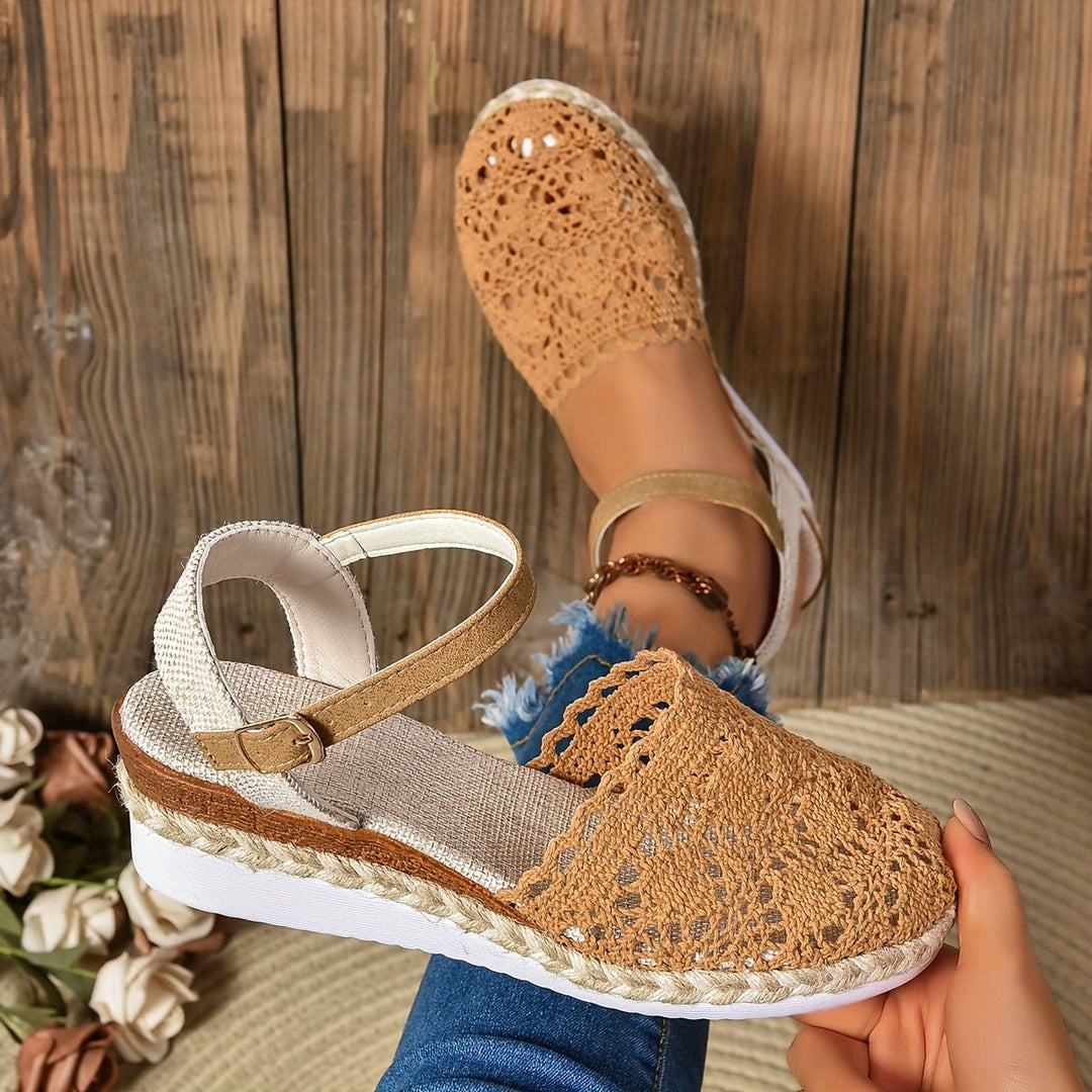 Damen Bequeme Sandalen Häkeloptik Keilabsatz Knöchelriemen