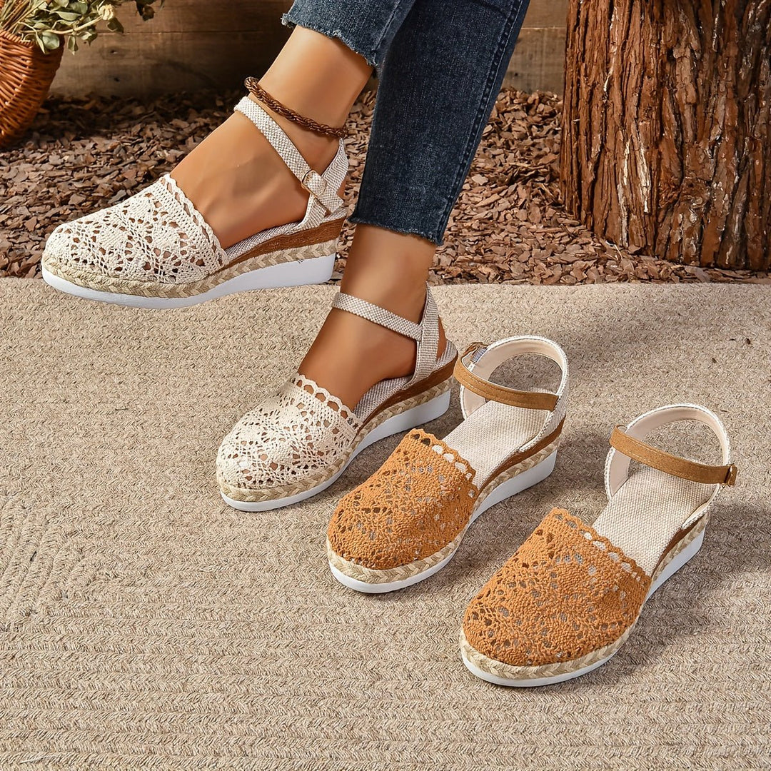 Damen Bequeme Sandalen Häkeloptik Keilabsatz Knöchelriemen