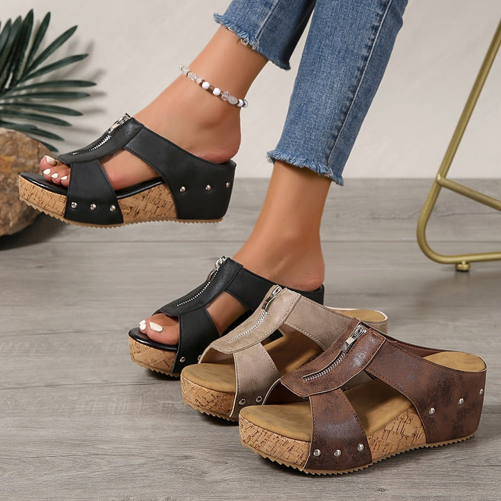 Damen Bequeme Sandalen Keilabsatz Kork Plateau Offene Zehe Reißverschluss