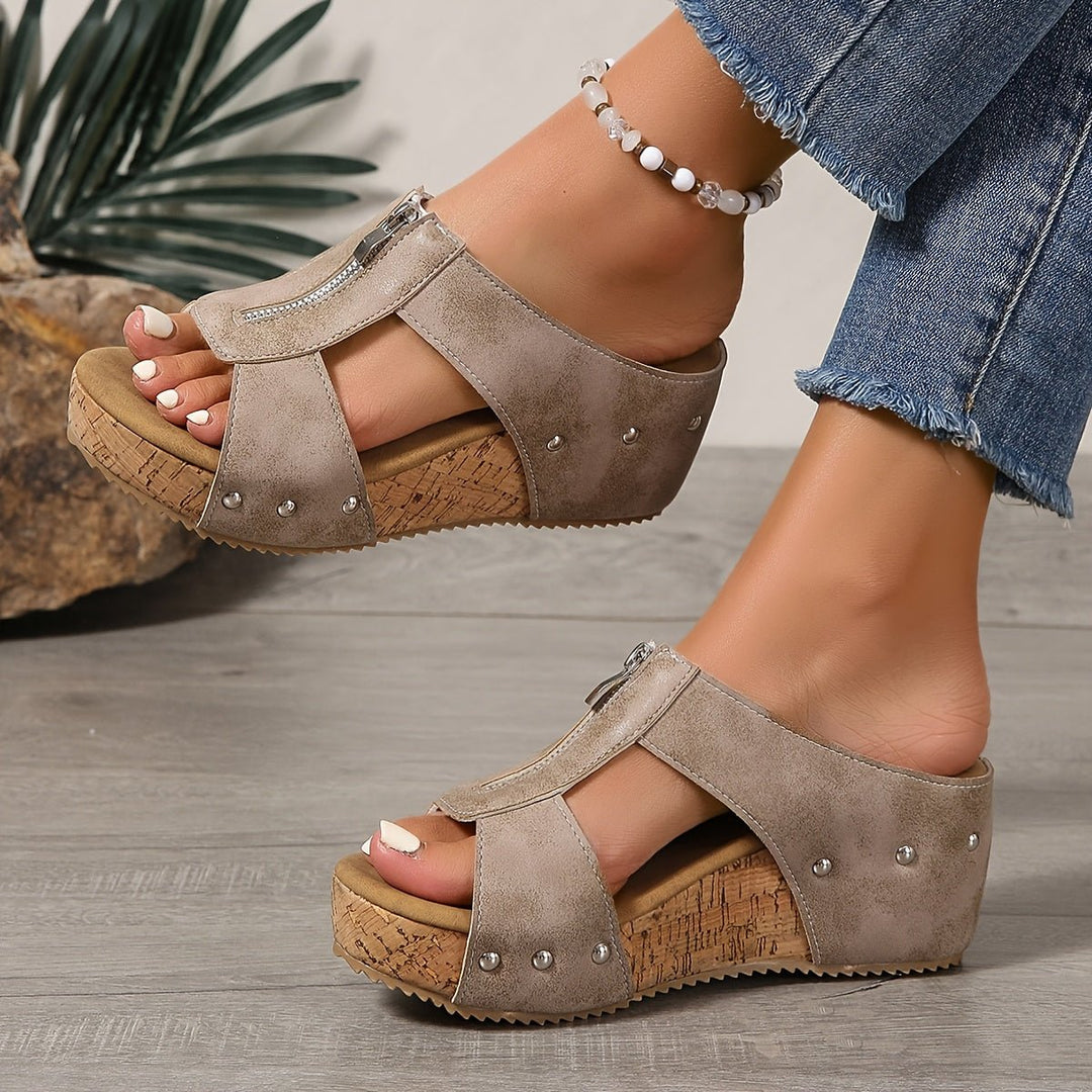 Damen Bequeme Sandalen Keilabsatz Kork Plateau Offene Zehe Reißverschluss