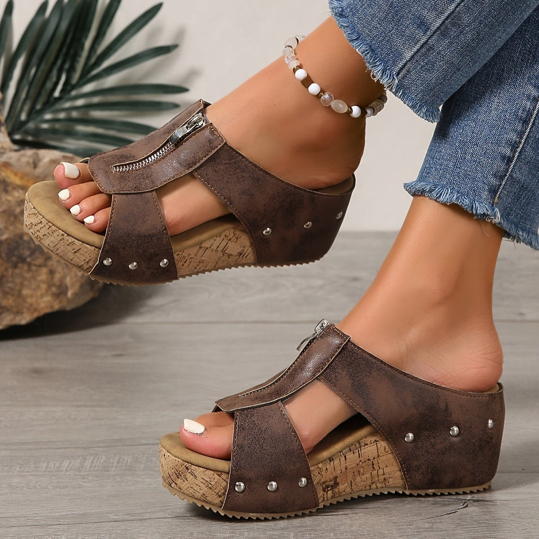 Damen Bequeme Sandalen Keilabsatz Kork Plateau Offene Zehe Reißverschluss