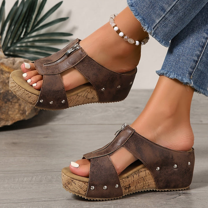 Damen Bequeme Sandalen Keilabsatz Kork Plateau Offene Zehe Reißverschluss
