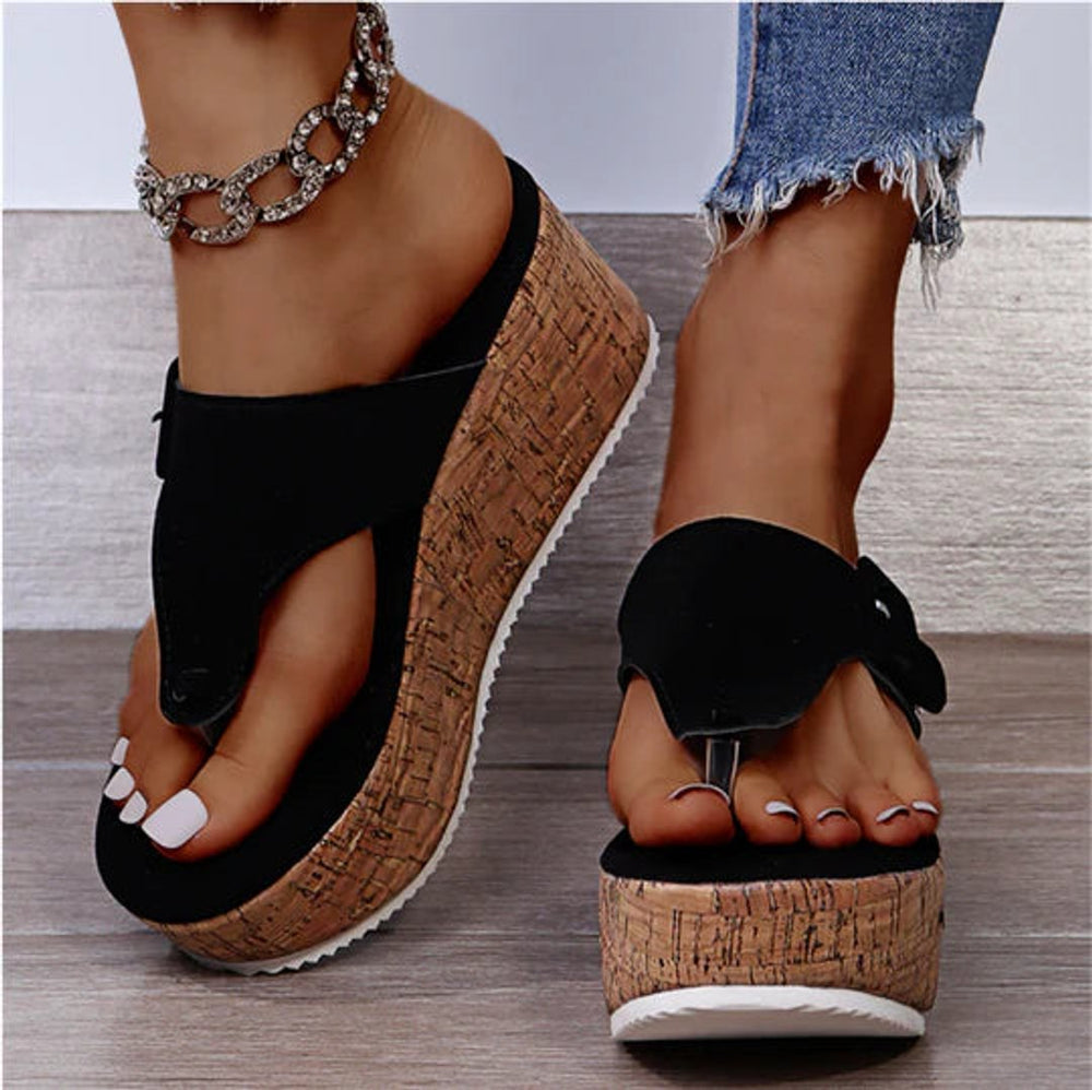 Damen Bequeme Sandalen Kork-Keilabsatz Zehentrenner Schleife - Black