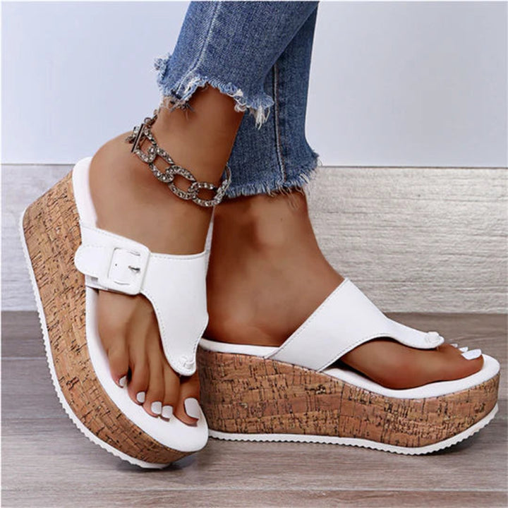 Damen Bequeme Sandalen Kork-Keilabsatz Zehentrenner Schleife - White
