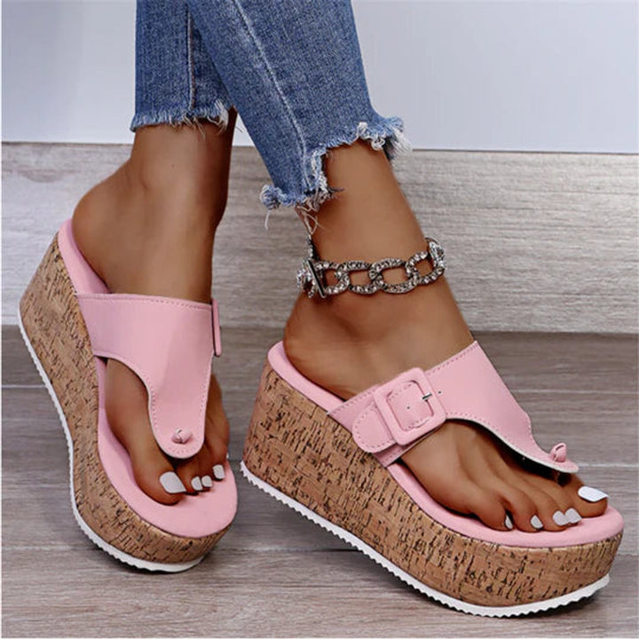 Damen Bequeme Sandalen Kork-Keilabsatz Zehentrenner Schleife - Pink