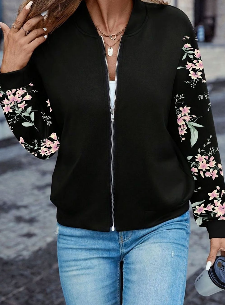 Damen Übergangsjacke Bomberjacke Blumenprint-Ärmel Reißverschluss - Schwarz