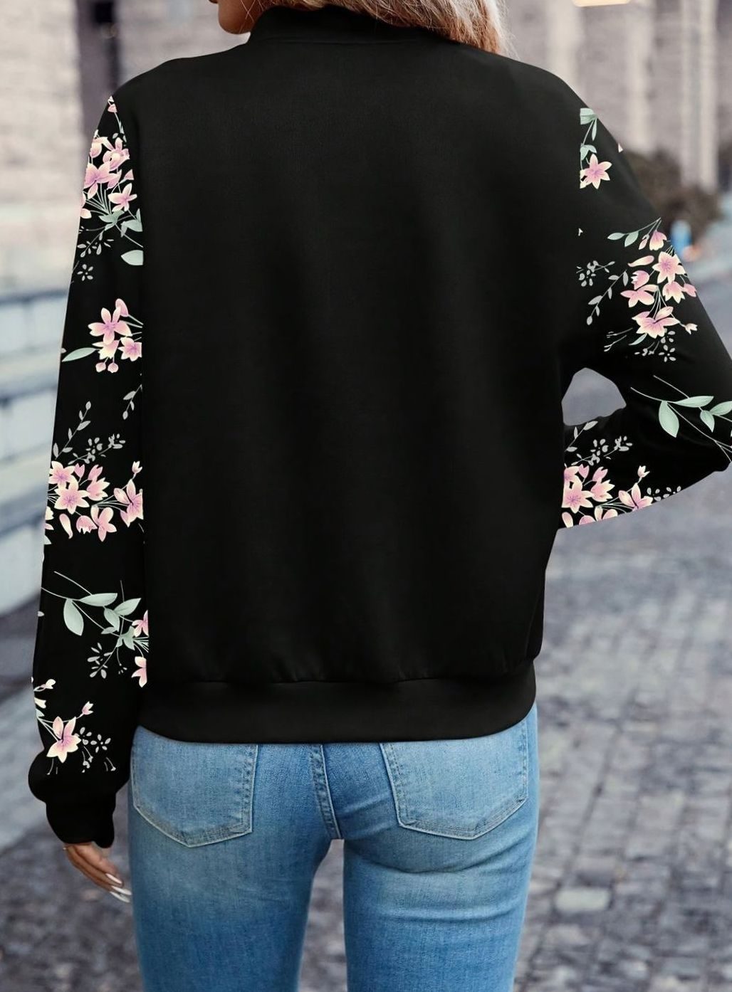 Damen Übergangsjacke Bomberjacke Blumenprint-Ärmel Reißverschluss