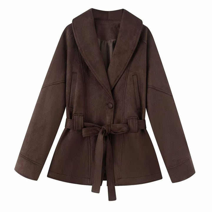 Damen Übergangsjacke Kurzmantel mit Bindegürtel Reverskragen - Dunkelbraun