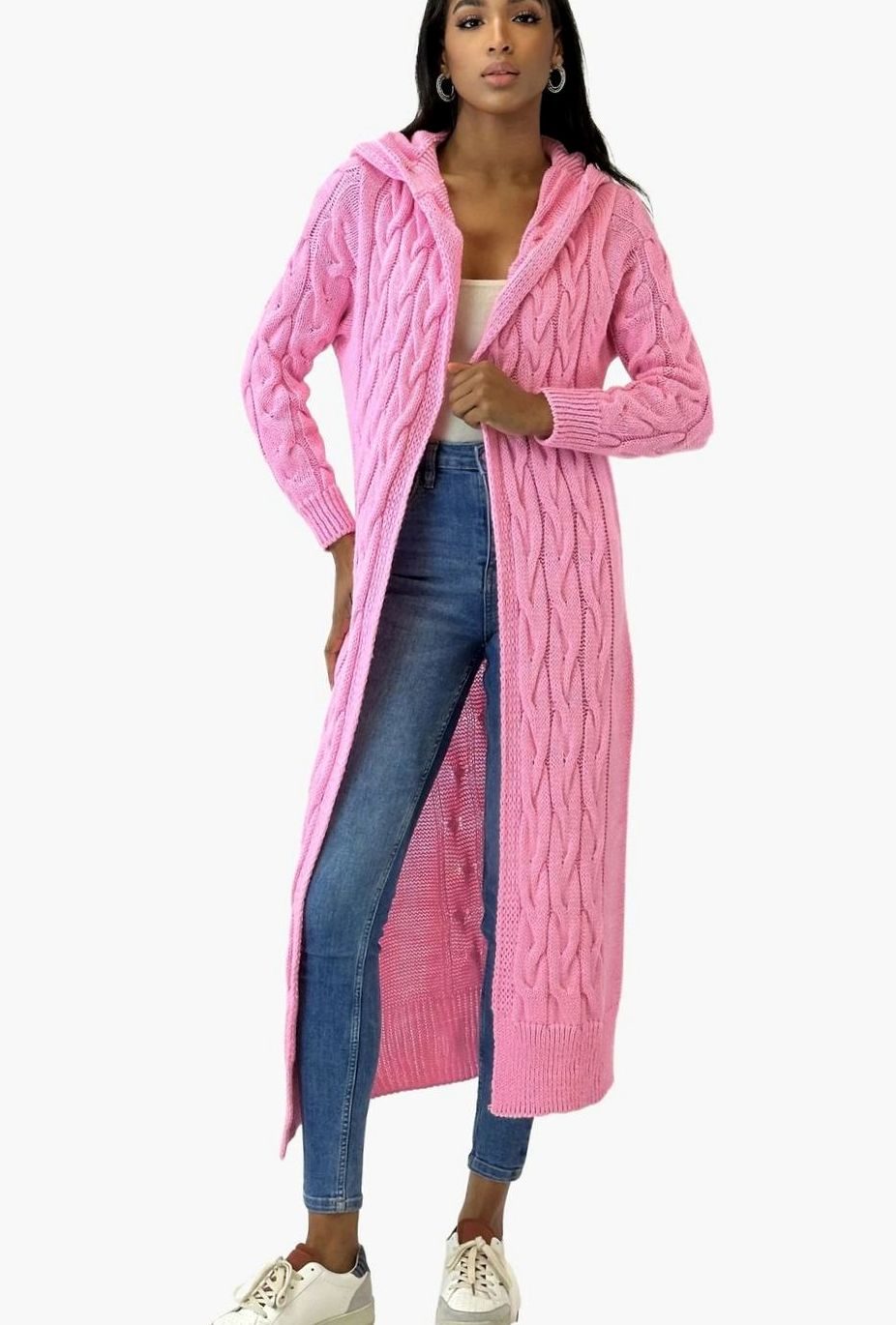 Damen Übergangsjacke lange Kapuzen-Strickjacke Baumwollmischung