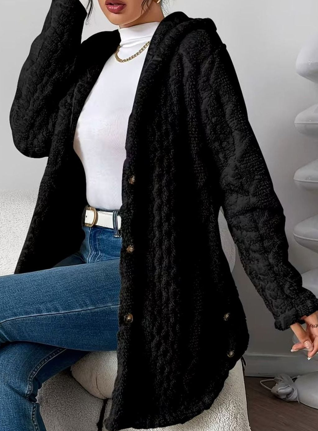 Damen Übergangsjacke mit Kapuze Knopfleiste Strukturmuster Langarm