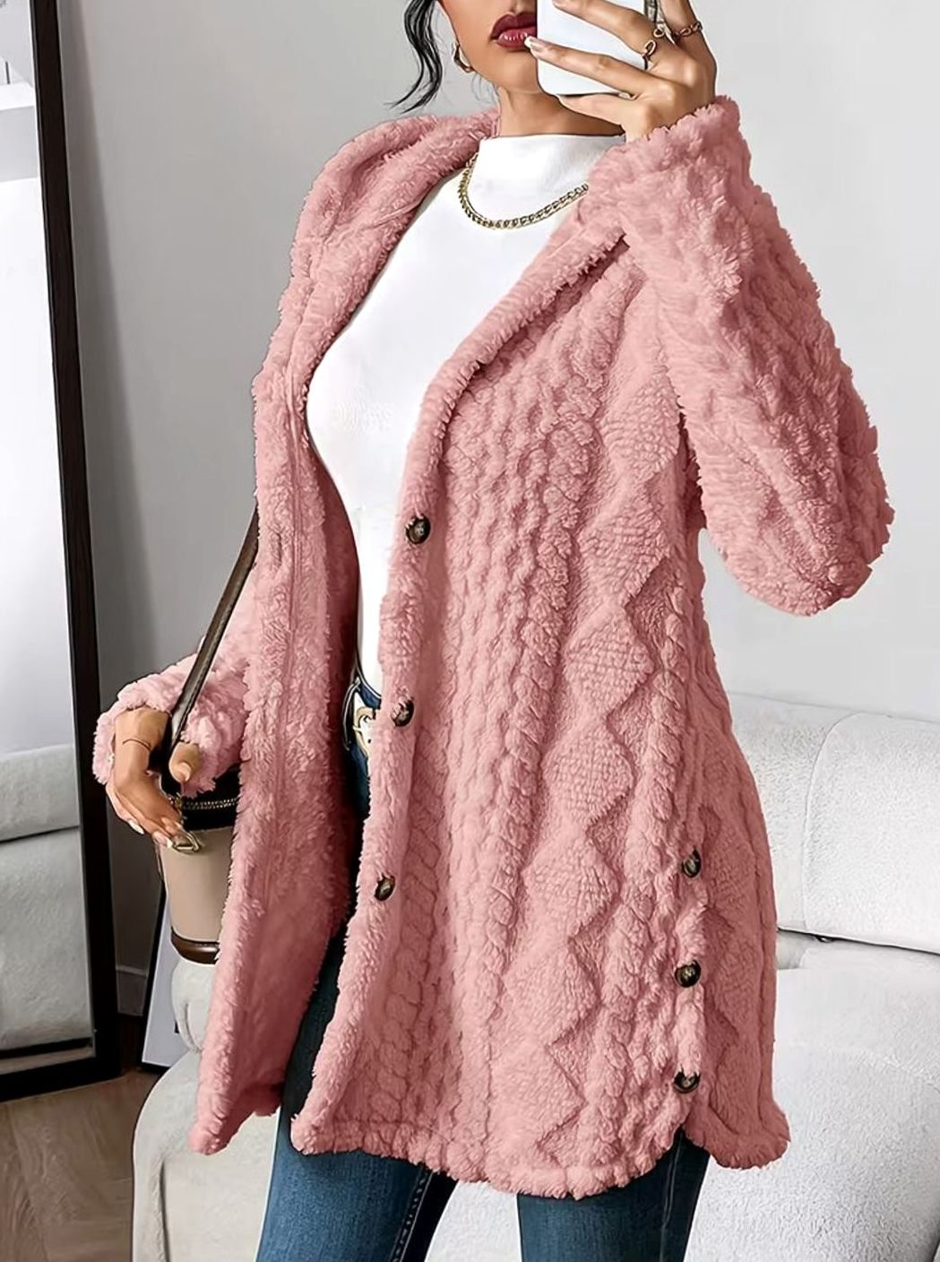 Damen Übergangsjacke mit Kapuze Knopfleiste Strukturmuster Langarm - Rosa