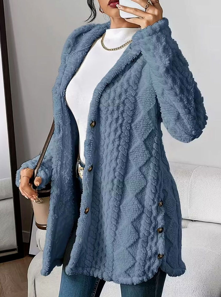 Damen Übergangsjacke mit Kapuze Knopfleiste Strukturmuster Langarm - Blau