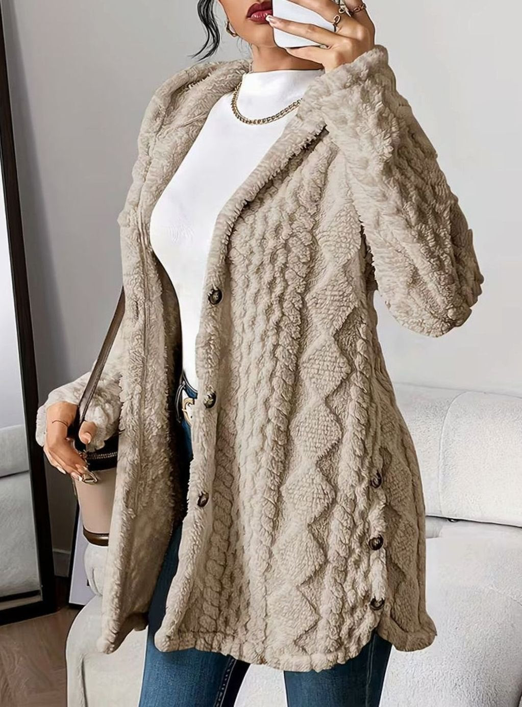 Damen Übergangsjacke mit Kapuze Knopfleiste Strukturmuster Langarm - Khaki