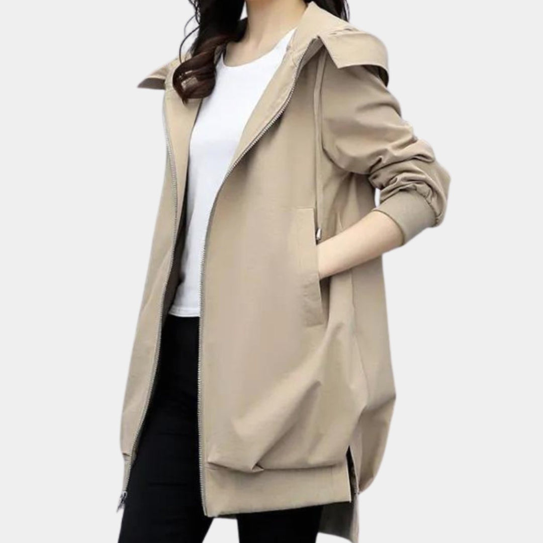 Damen Übergangsjacke mit Kapuze Stehkragen Frontreißverschluss - Khaki
