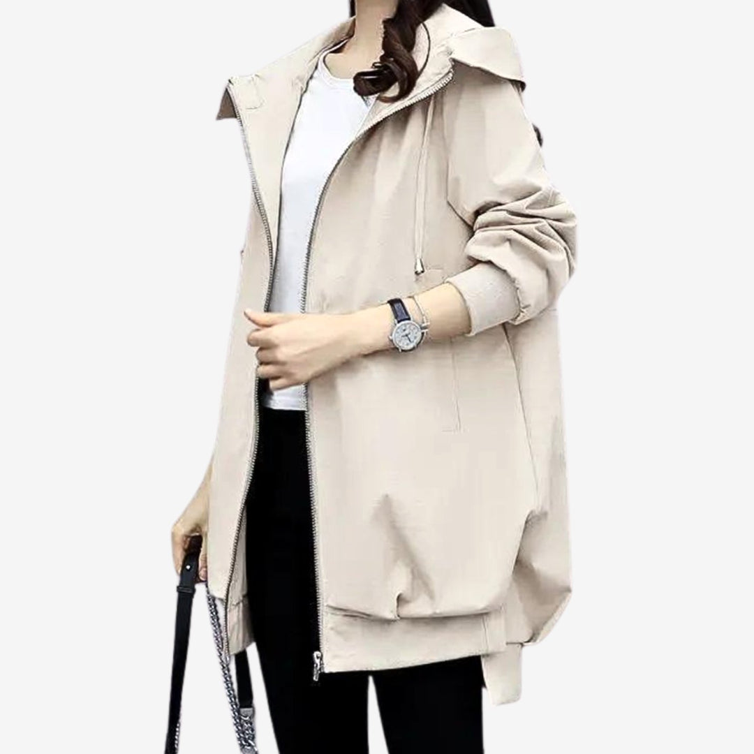 Damen Übergangsjacke mit Kapuze Stehkragen Frontreißverschluss - Beige