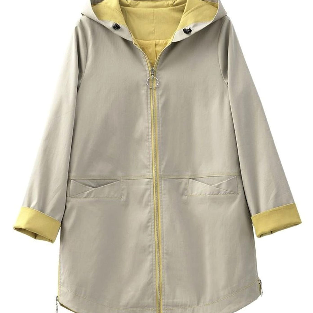 Damen Übergangsjacke Regenjacke mit Kapuze Zipper Kontrastfutter Parka - Khaki