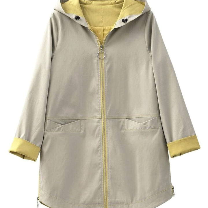 Damen Übergangsjacke Regenjacke mit Kapuze Zipper Kontrastfutter Parka - Khaki