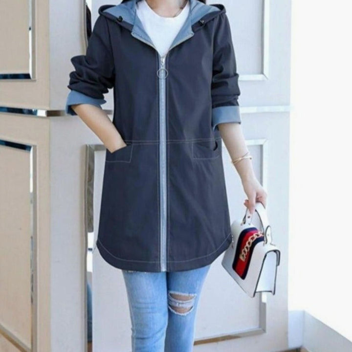 Damen Übergangsjacke Regenjacke mit Kapuze Zipper Kontrastfutter Parka - Blau