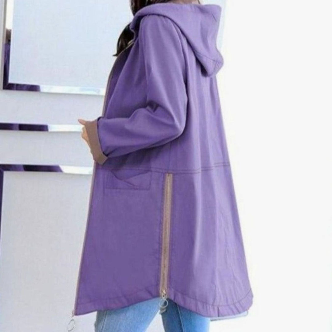Damen Übergangsjacke Regenjacke mit Kapuze Zipper Kontrastfutter Parka - Violett