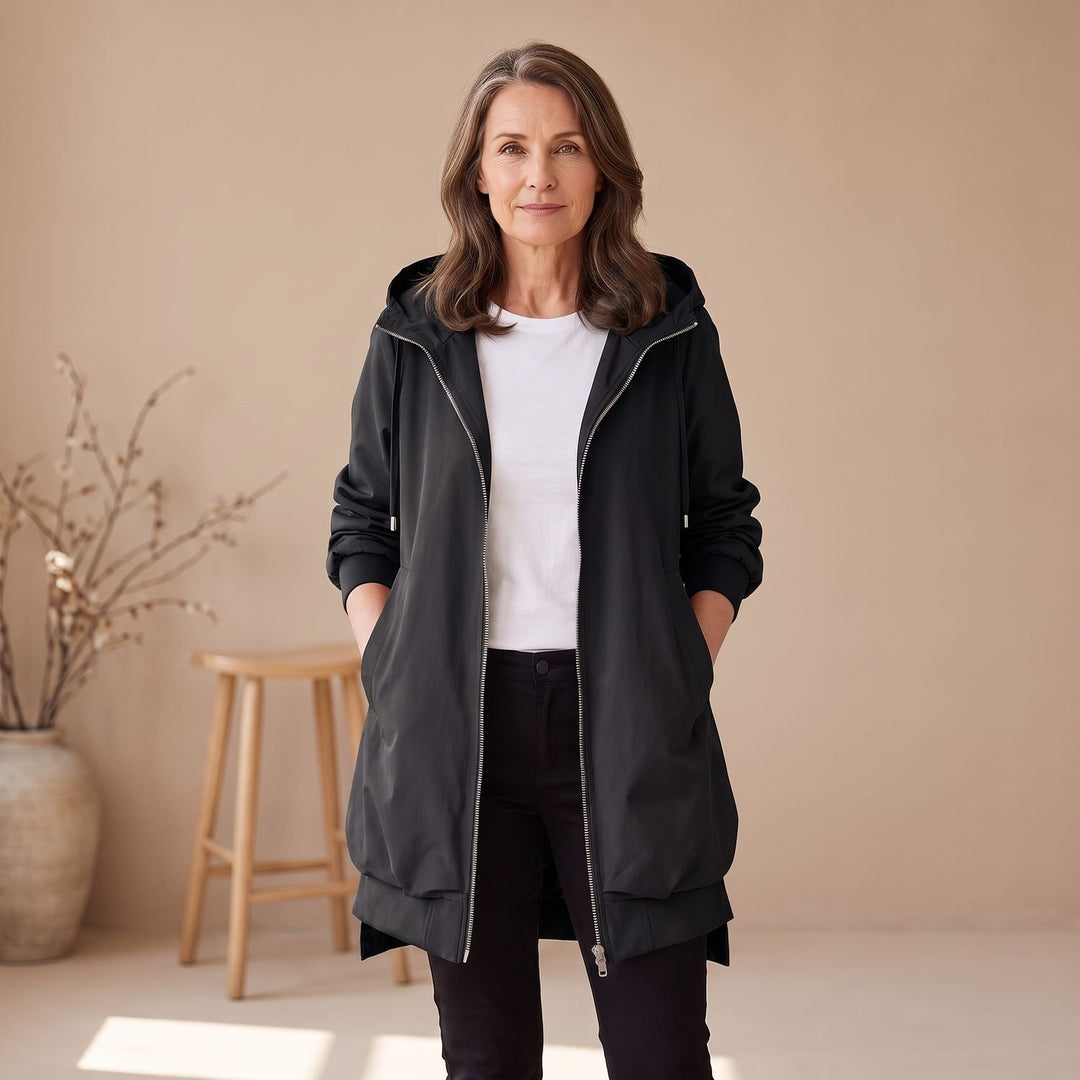Damen Übergangsjacke Windjacke mit Kapuze Stehkragen Reißverschluss - Schwarz